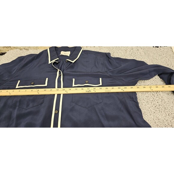 RARE 100% silk J.Crew Classic Fit Button Up Shirt Womens 18 Navy Blue White Trim - Picture 13 of 15